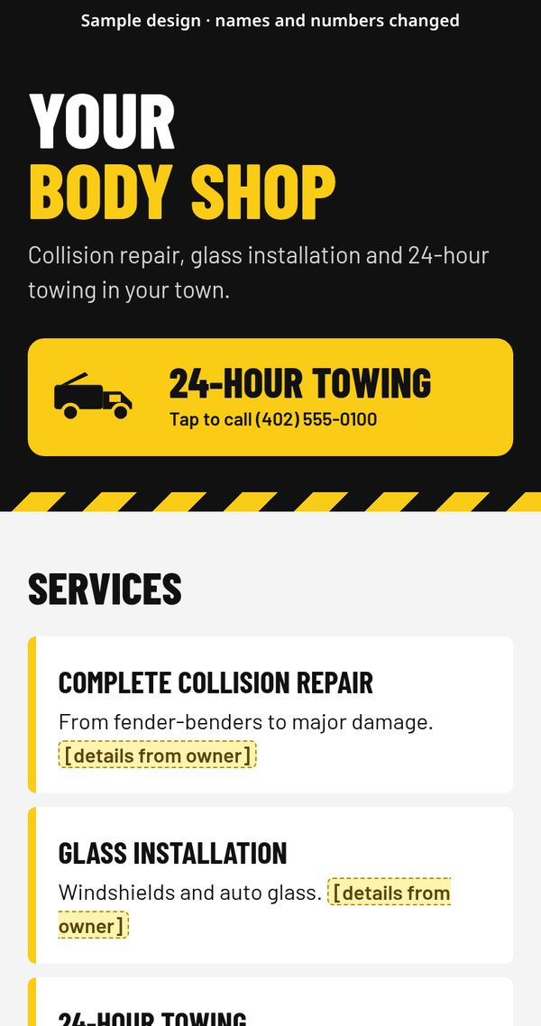 Example body shop site with a big 24-hour towing call button