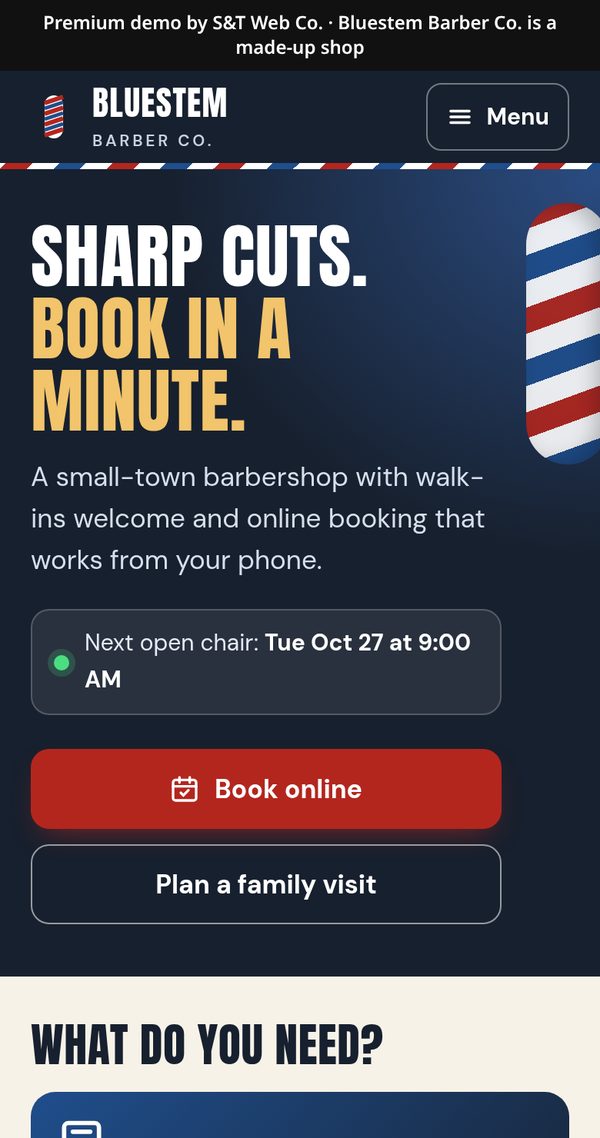 Demo barbershop site with online booking and a next-open-chair box
