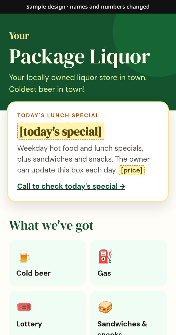 Example liquor store site with a daily lunch special box